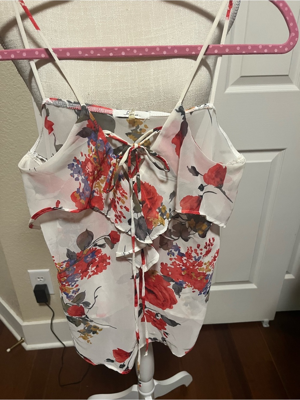 Soprano White Floral Ruffle Cami with Red and Brown Blooms